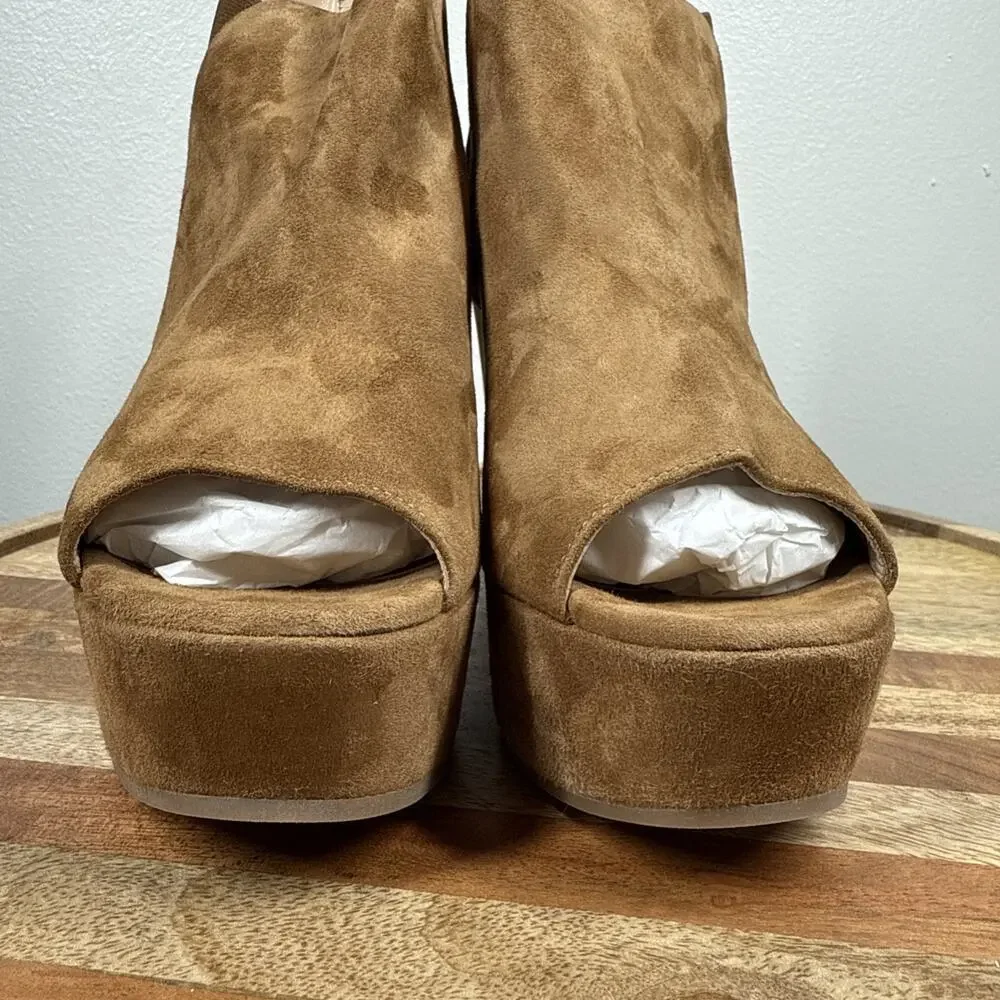 Dee Keller Suede Open Toe Pull On Platform Wedges‎ Caramel Size 38 Italy